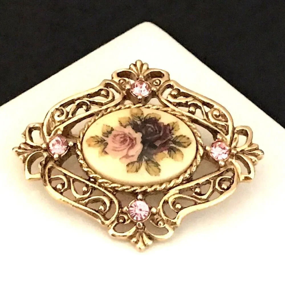 Vintage 1960s Floral Porcelain Brooch Pink Rhinestone Gold Tone Pin - 9C